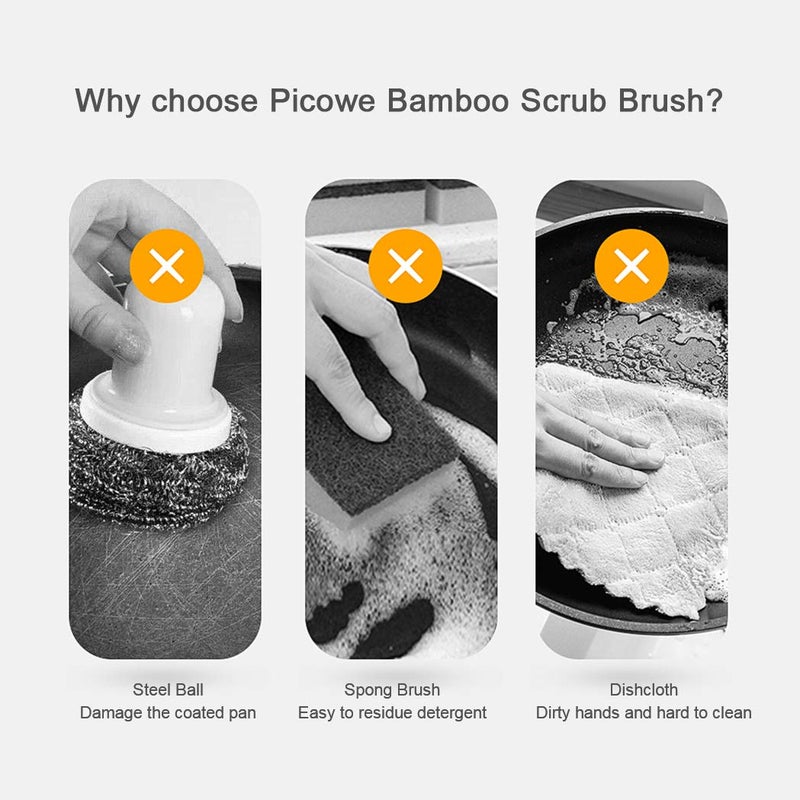 Picowe 2 Pack Bamboo Dish Scrub Brush, Picowe Natural Scrub Cleaning Brush Vegetable Brush for Dishes Cast Iron Pots Pans, Used in Bathroom Kitchen Sink Household Cleaning - Image 2